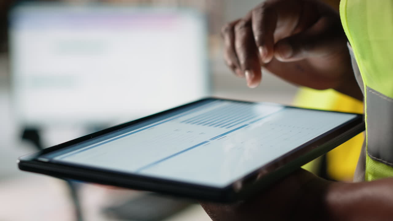 Vertical Video Close up of black woman monitoring e-commerce activity on tablet