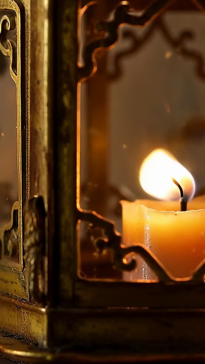 Video verticale: candela tremolante in una lanterna di ottone che reagisce a uno spiffero su uno scaffale poco illuminato, stoppino che si scurisce