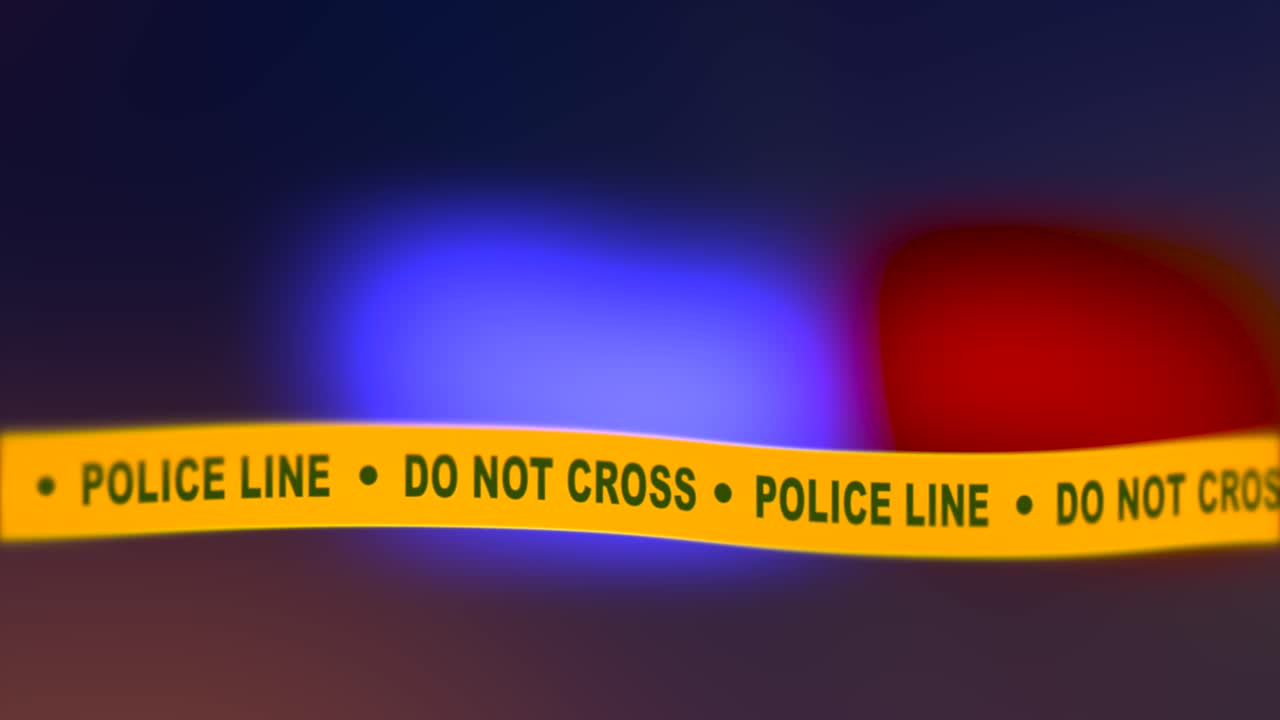 Police Line Do Not Cross Text On Yellow Tape At A Crime with police light in background