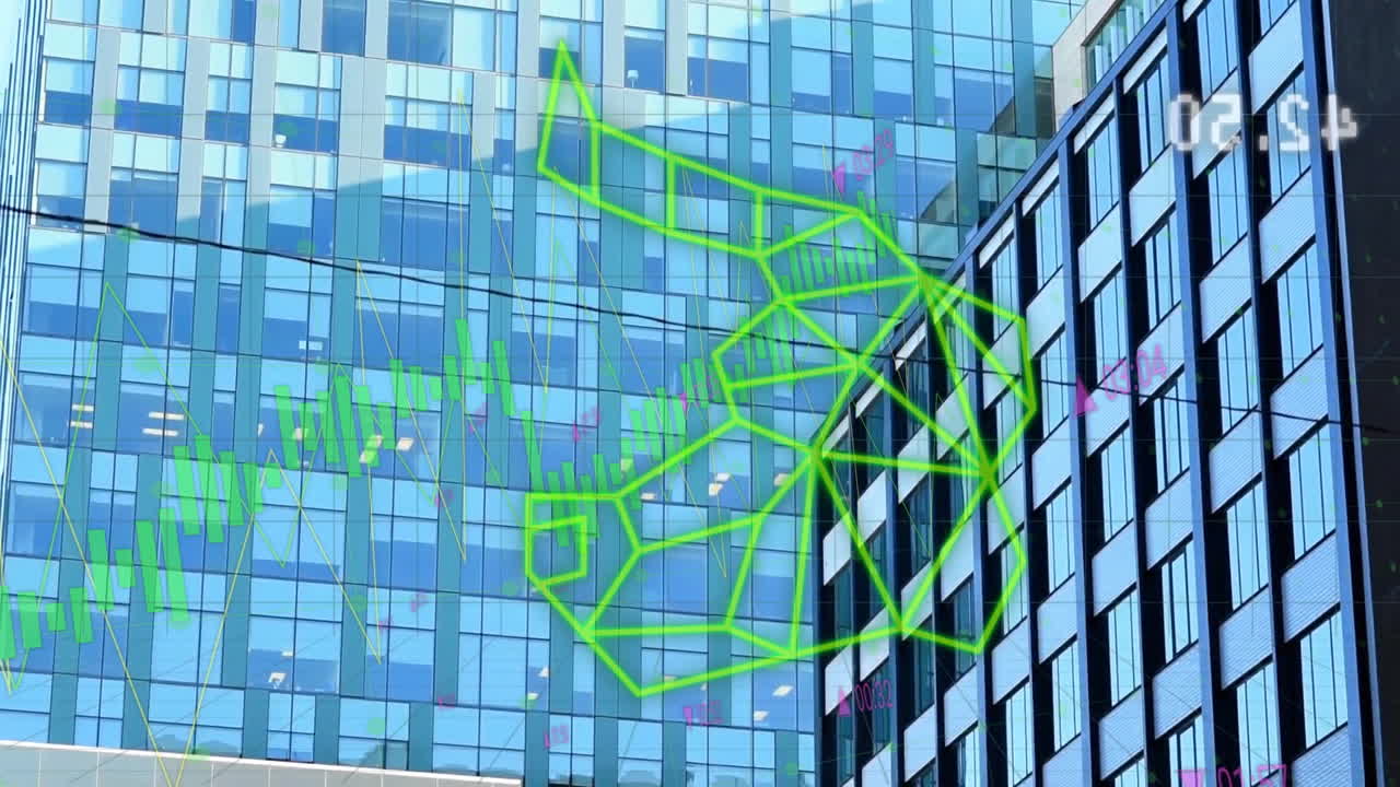 Animação de formas geométricas verdes e processamento de dados na fachada de edifício de escritórios moderno.