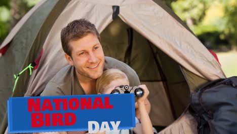 Animation-of-national-bird-day-text-in-red-on-blue,-and-father-and-son-birdwatching-with-binoculars