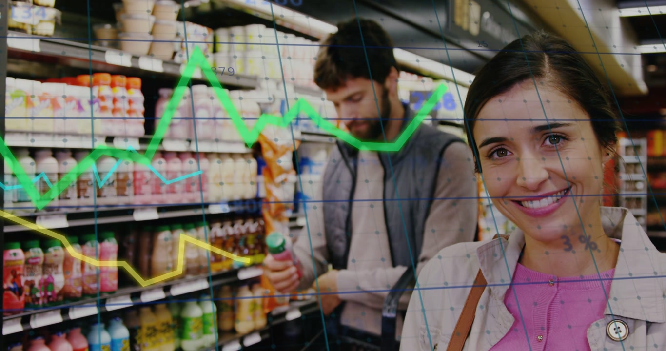 Woman reading while man reaching comparing bottles choosing in retail graphs overlaying shoppers