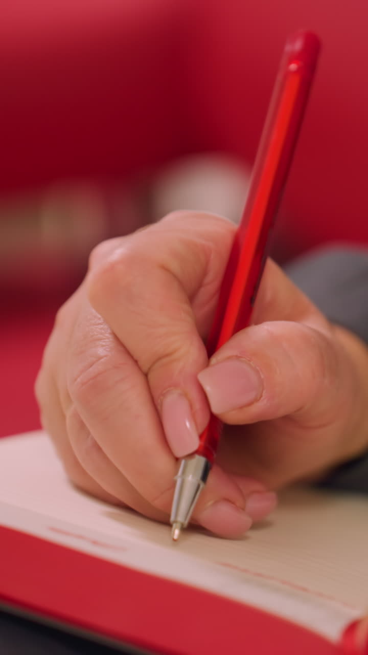 Close-up of person holding red pen, writing in notebook with soft-focus background. Creative and professional business planning, journaling, or note-taking action in modern workspace