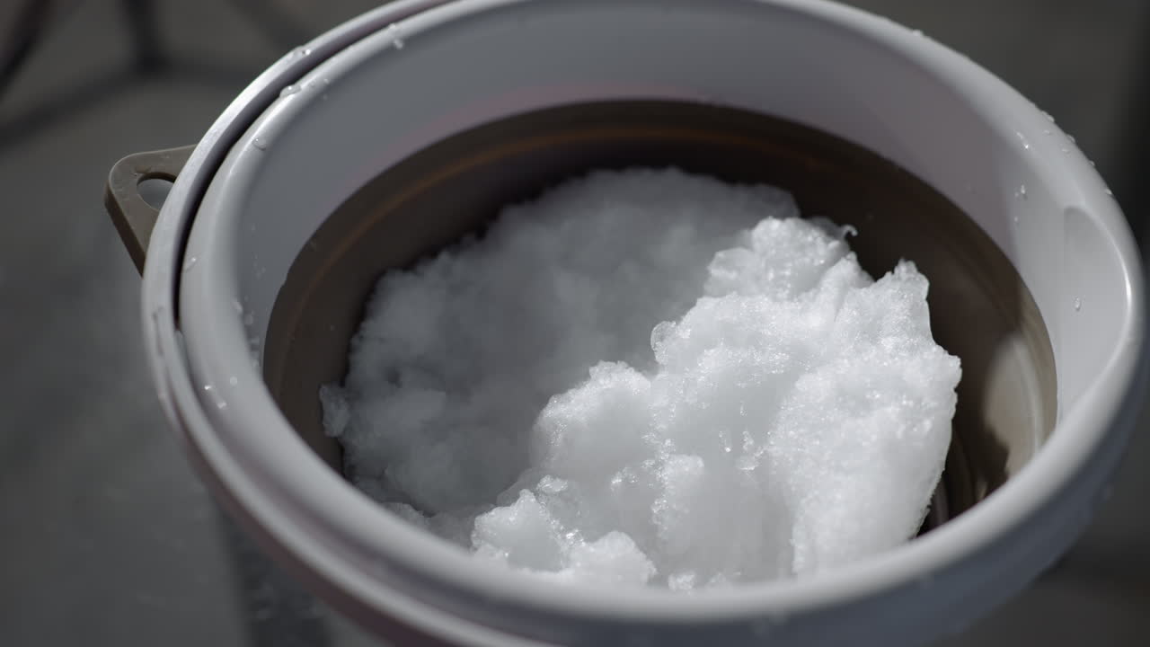 Bucket containing crystallized ice formed from frozen water perched on sleek transparent glass surface droplets glisten in diffused room light creating serene winter still life setting
