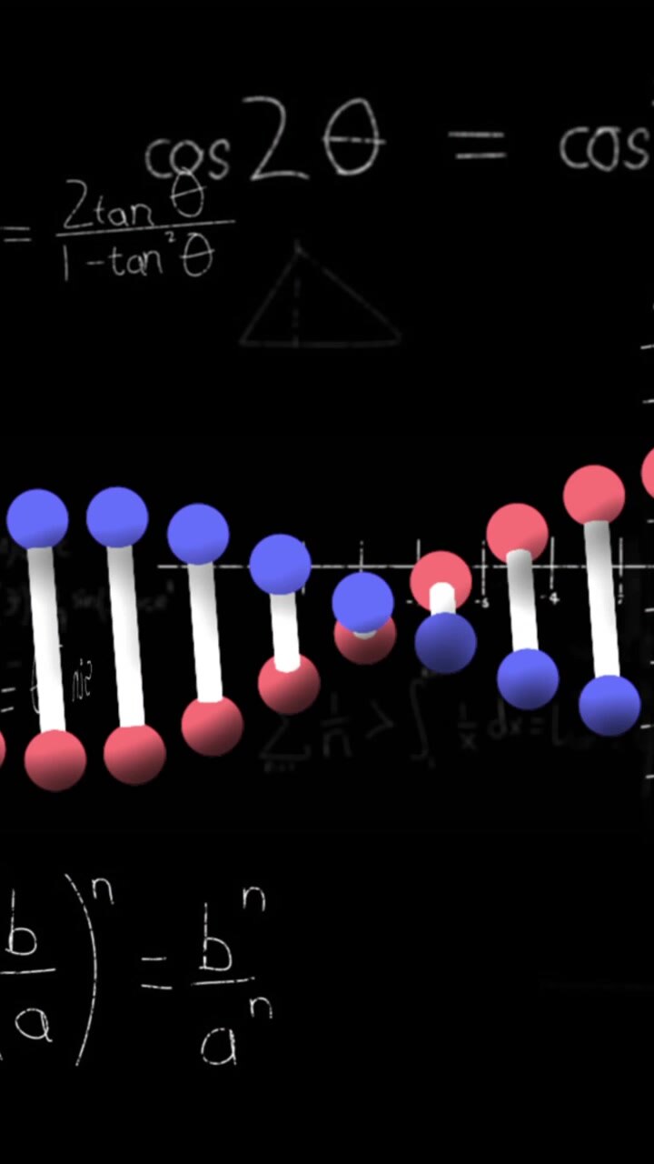 Animazione di formula matematica e forme che si muovono sul DNA su sfondo nero