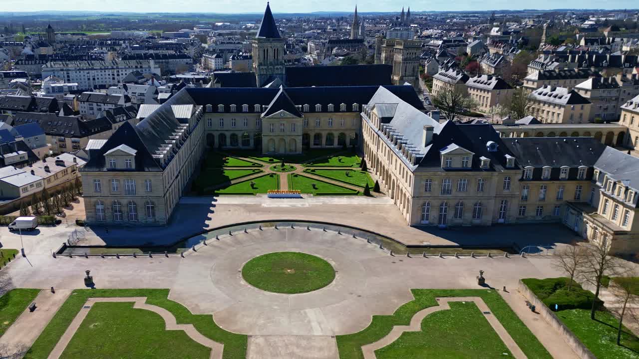 Park Michel d'Ornano, gardens, Abbaye aux Dames or Abbey women at Caen, Normandy in France. Aerial drone approach