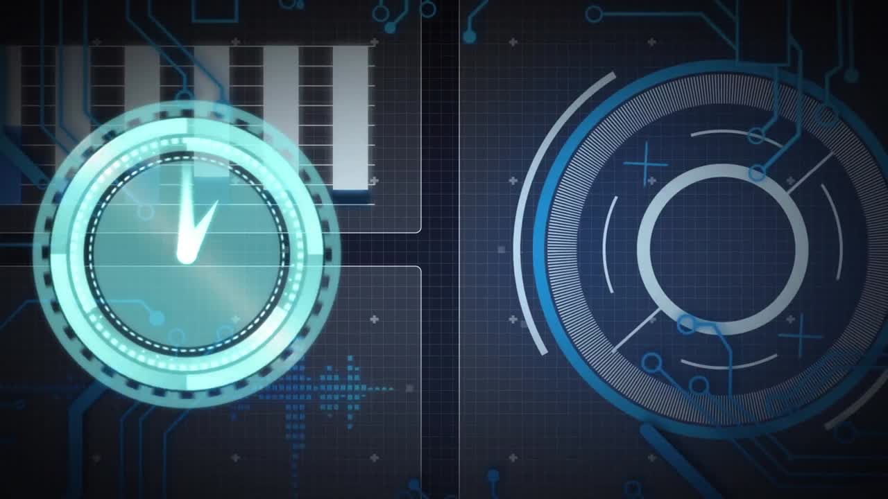 animación del reloj de neón sobre la interfaz con el procesamiento de datos contra un fondo azul