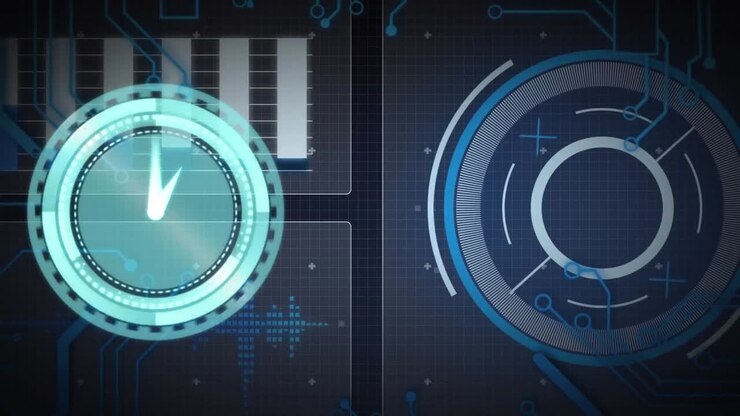 Animation of neon ticking clock over interface with data processing against blue background