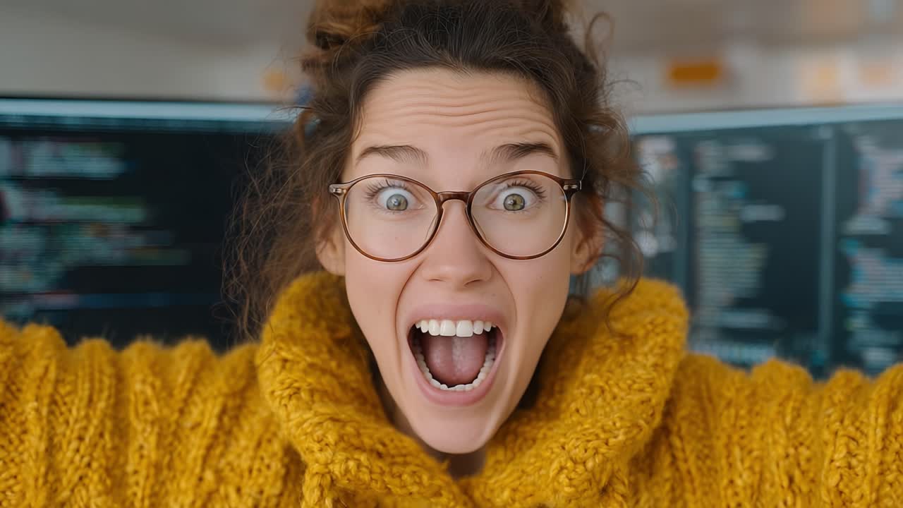 A Deep Dive into Emotional Expressions: A Journey from Frustration to Joy Captured in Two Frames of a Woman in a Cozy Sweater and Eyeglasses