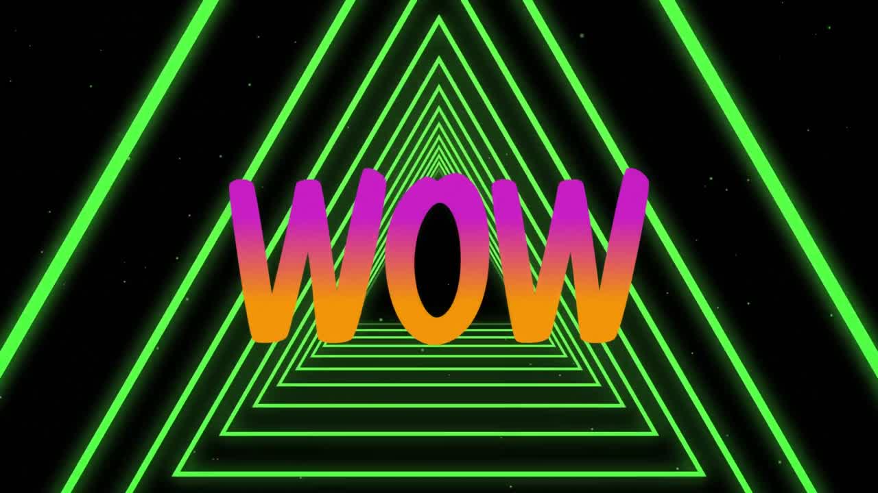 검은 바탕에 녹색으로 빛나는 터널 위에 와우 텍스트의 디지털 애니메이션