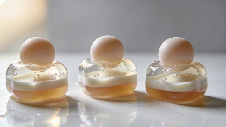 Catching shifting light three jelly desserts gleaming on studio slab, bubbles and beige toppers