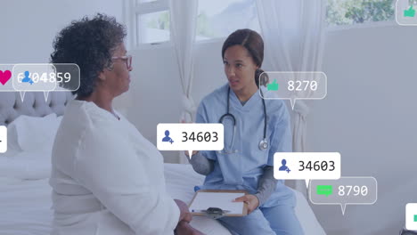 medical professional discussing with patient, social media icons animation overlaying conversation