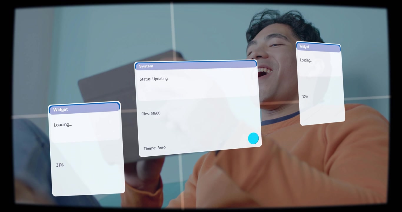 Video vertikal: Pria mengetuk tablet di sofa dengan 3 widget muncul, memantau persentase pembaruan sistem