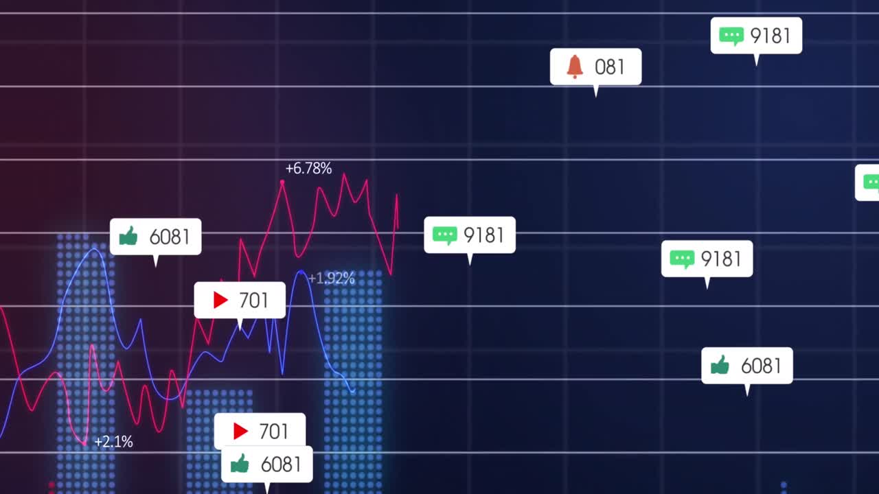 animación de barras de notificación, gráficos múltiples iluminados, números cambiantes sobre fondo negro