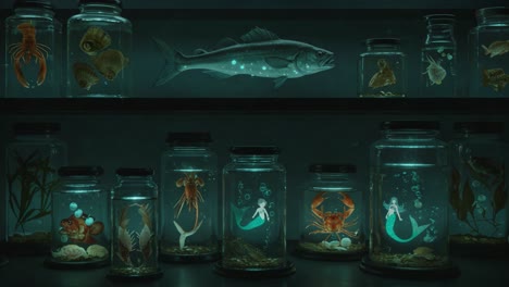an enchanting display of aquatic creatures encased in jars, showcasing the beauty and diversity of marine life in a mystical underwater setting