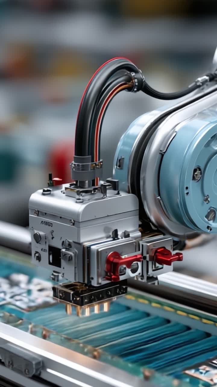Advanced Robotic Arm Precision Assembly in Electronics Manufacturing, Showcasing High-Tech Components on Circuit Boards in a Cutting-Edge Production Environment