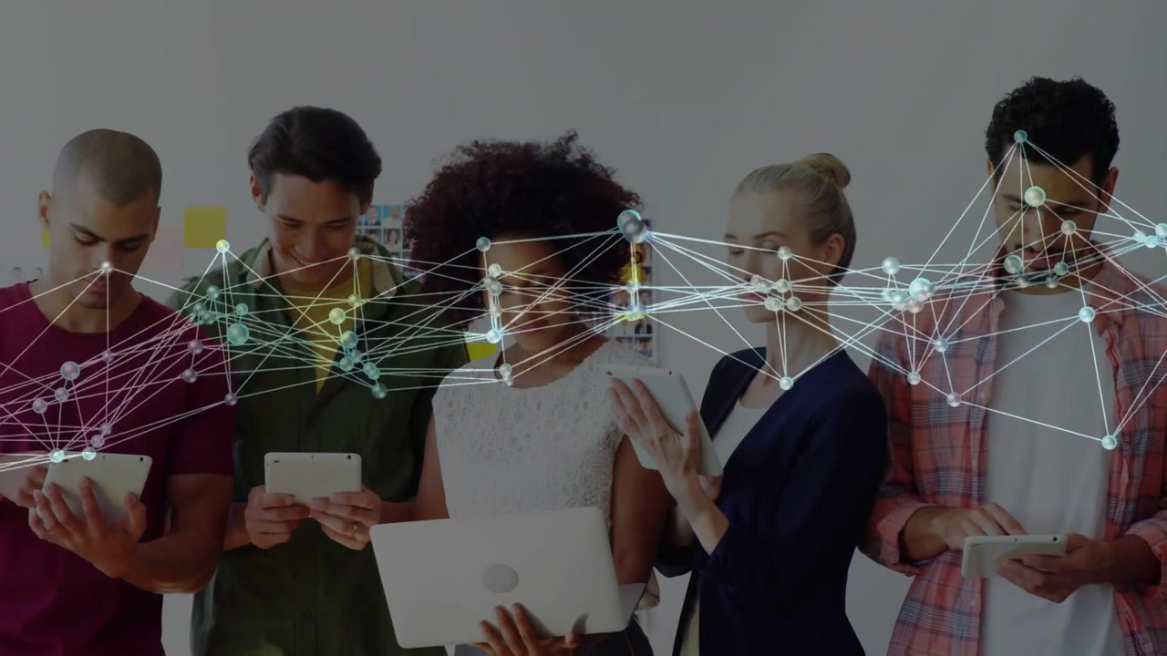 Tech team collaborating, moving network mesh sweeping, showing screens, steadying, tapping, swiping