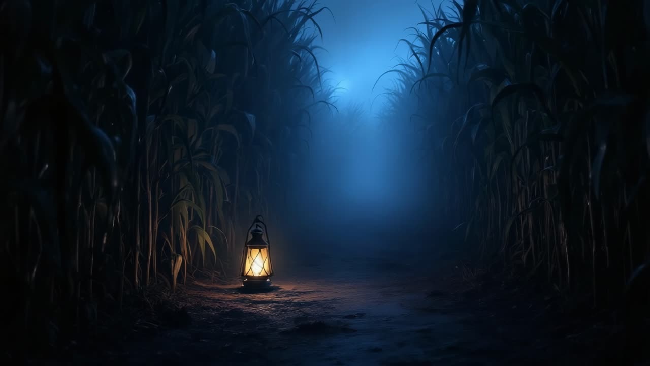 Lanterna che illumina un sentiero nebbioso in un campo di mais, creando un'atmosfera incantevole di mistero.
