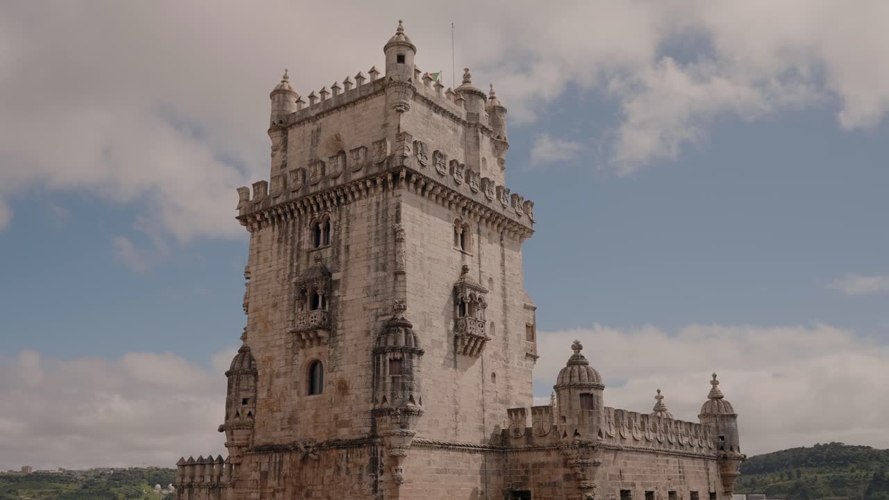 stone tower with ornate battlements and turrets in Lisbon Portugal
