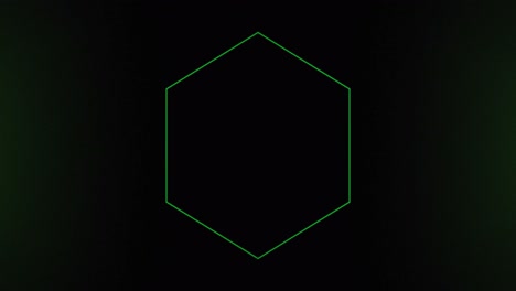 Animation-of-green-neon-hexagon-flashing-on-dark-background