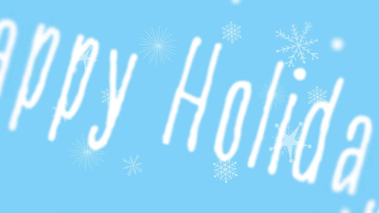 Happy Holidays text animation over blue background with falling snowflakes