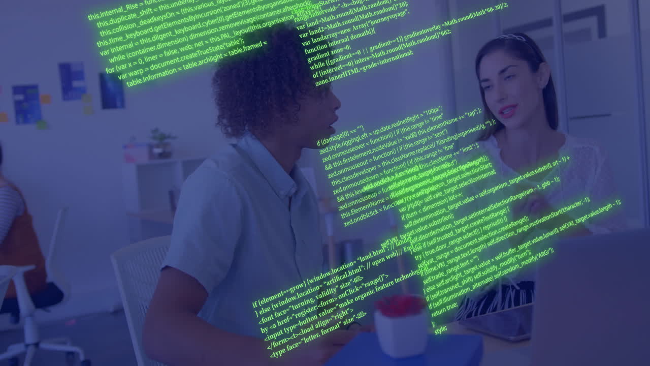 Animation of data processing over diverse business people in office