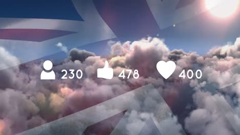 animación de iconos de redes sociales con números sobre nubes y bandera de reino unido