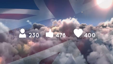 animation of social media icons with numbers over clouds and flag of united kingdom