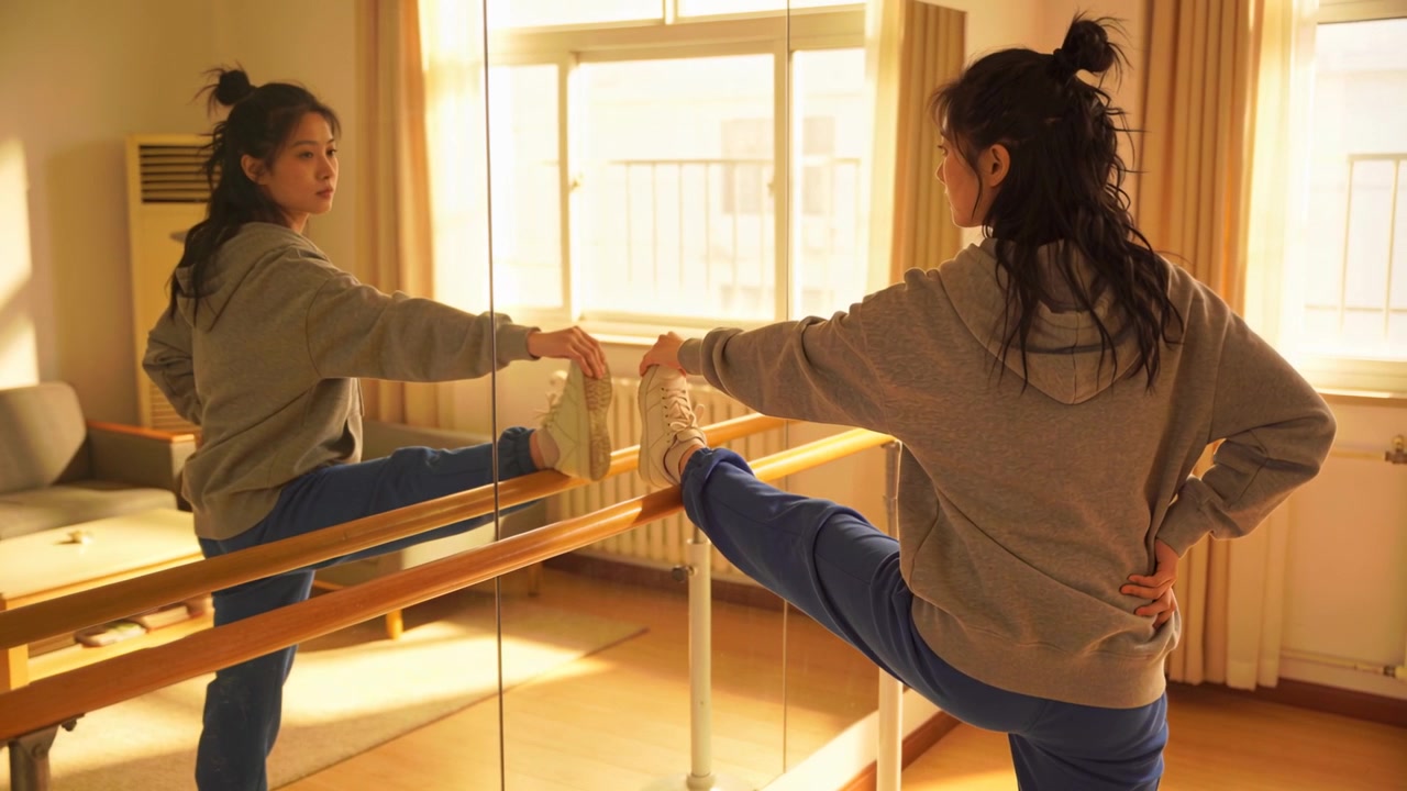 Placing left foot on barre, dancer holding sneaker and checking alignment in mirror, in grey hoodie