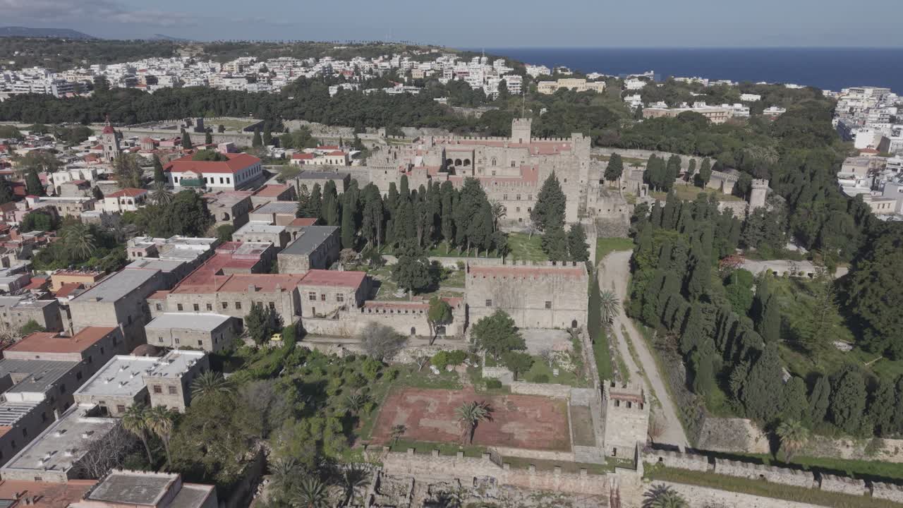 Bird's eye view revealing the beauty of Aerial view of Rhodes Old Town, Rhodes, Greece. D-Log M
