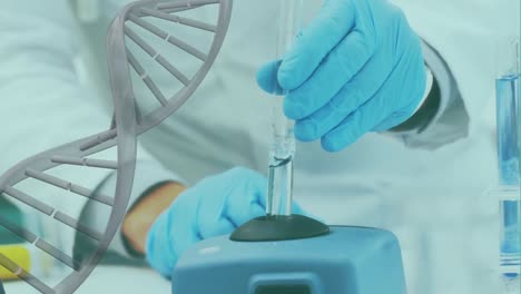 animación de adn sobre las manos de los trabajadores de laboratorio con muestras
