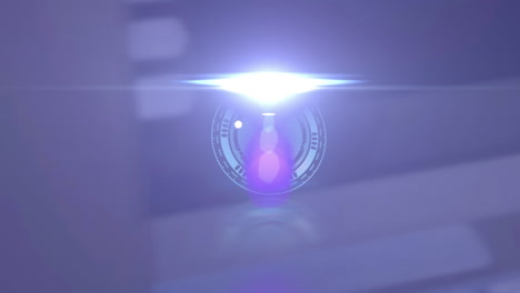 animation of clock moving fast and scope scanning over glowing light on purple background