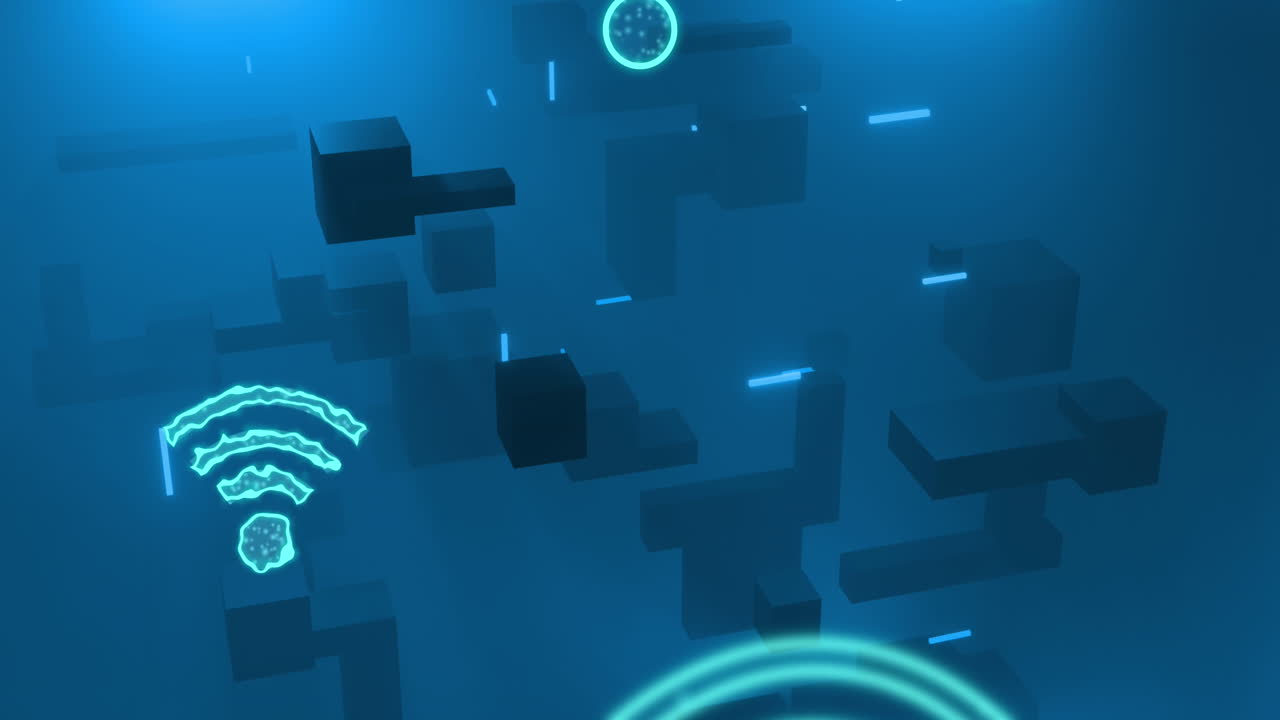 animación de iconos wifi y procesamiento de datos sobre fondo oscuro