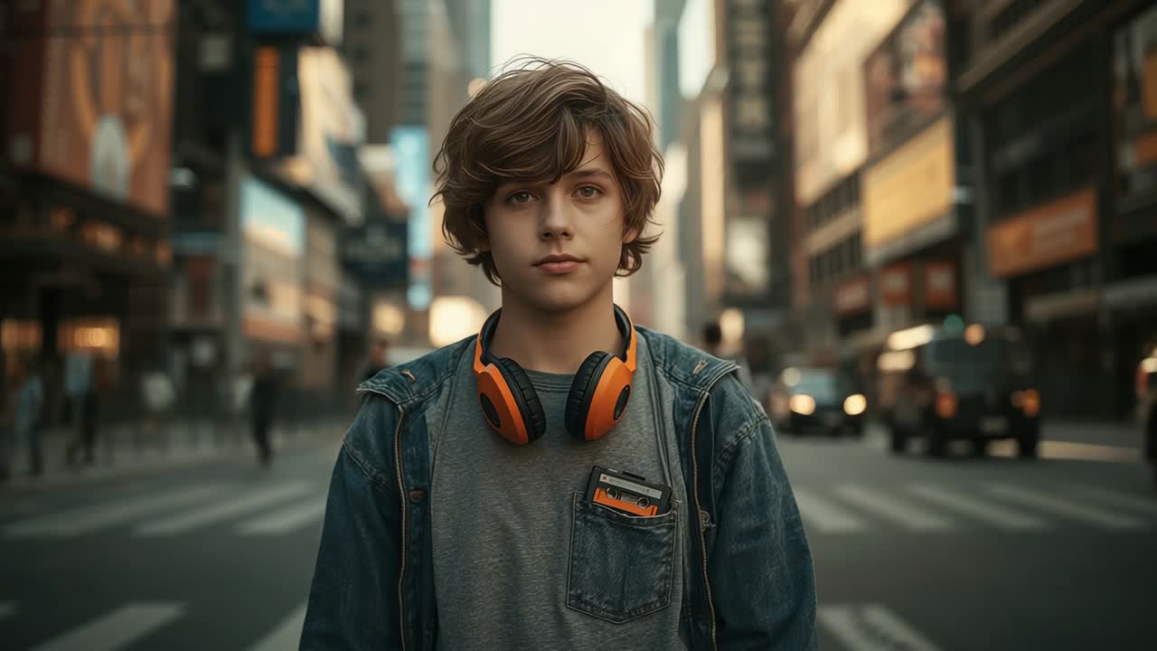 White car slowing by crosswalk, teenager standing with orange headphones amid flowing people