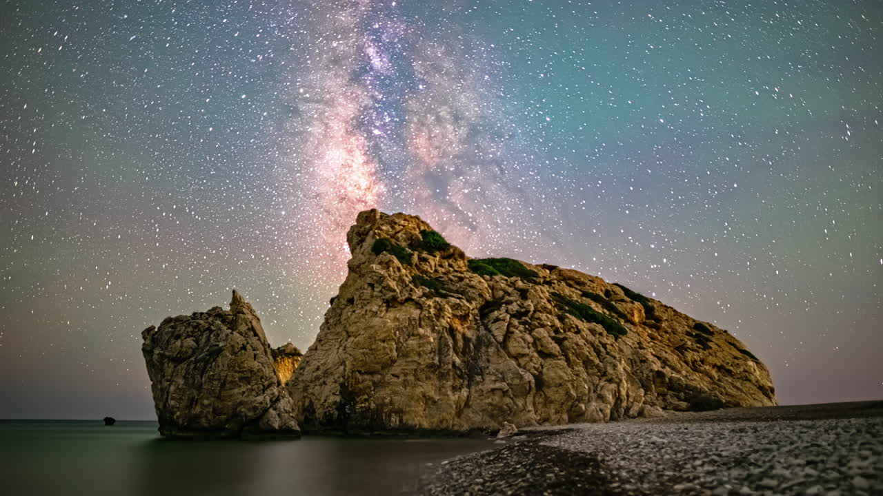 Aphrodite's Rock near Kouklia, Cyprus as the Milky Way crosses the sky - time lapse