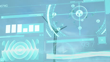 wind turbine with data analysis and signal metrics animation over blue background