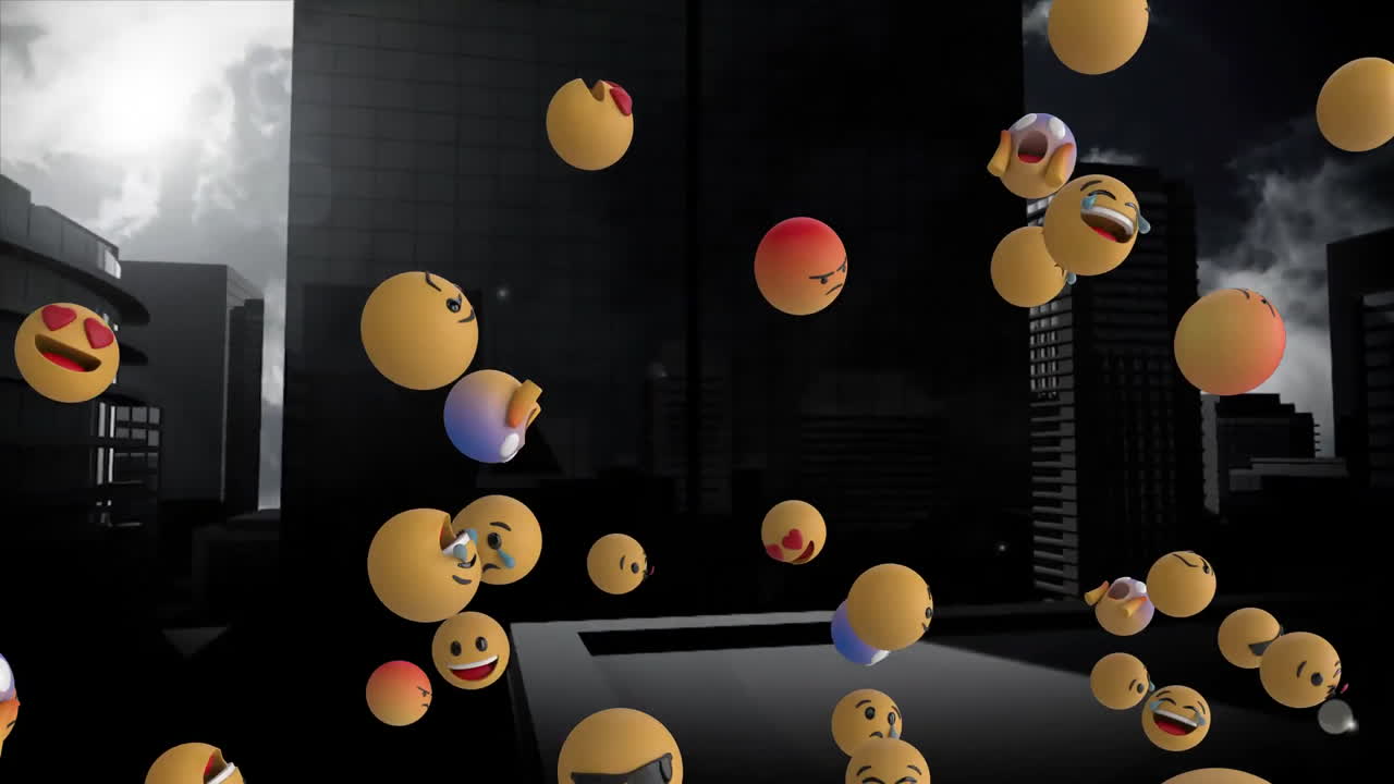 iconos de emoji volando sobre el paisaje urbano