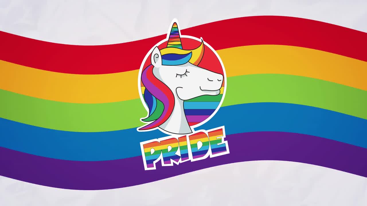 animación del texto del orgullo del arco iris y el unicornio sobre el fondo del arco iris.