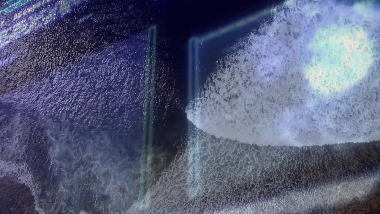 Foamy wave crest moving across sandy shoreline, displaying neon light streak overlays in 3D render