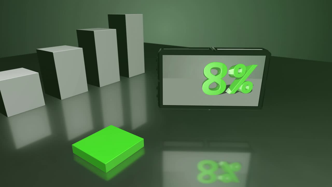 diagrama de barras 3d verde creciente con pantalla hasta el 22%