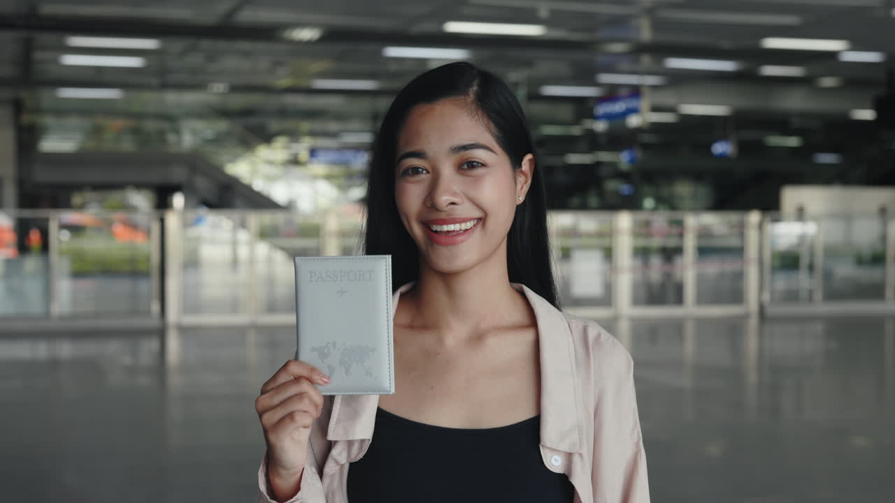 Woman holding a passport at an airport