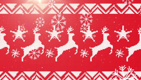 Snowflakes-falling-over-christmas-traditional-pattern-with-reindeers-on-red-background