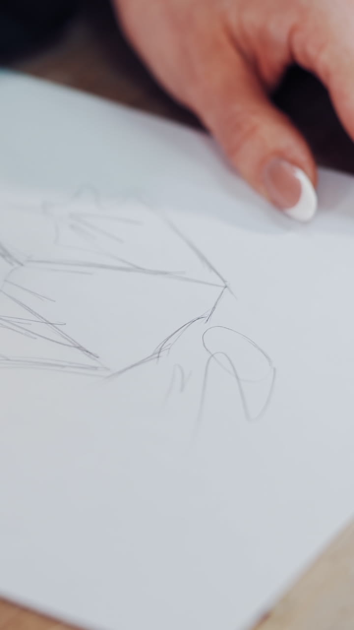 Young woman's hands of a fashion designer drawing sketches of clothes in the atelier. Female tailor draws with a sharp pencil indoors. Close-up Vertical video