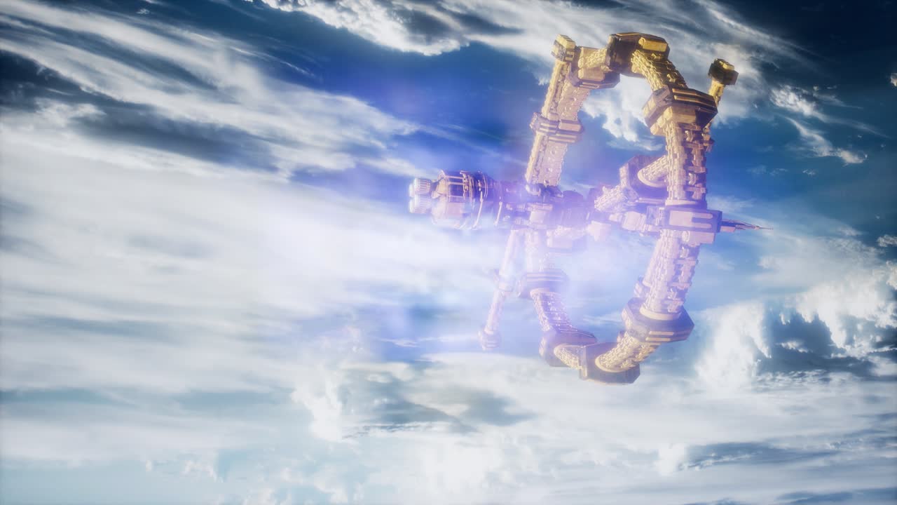 매우 상세한 거대한 우주선이 지구에 접근하고 있습니다.