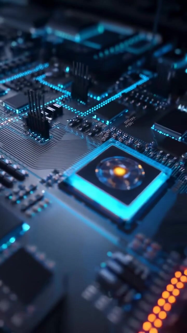 Futuristic Computer Circuit Board with Glowing Data Processing
