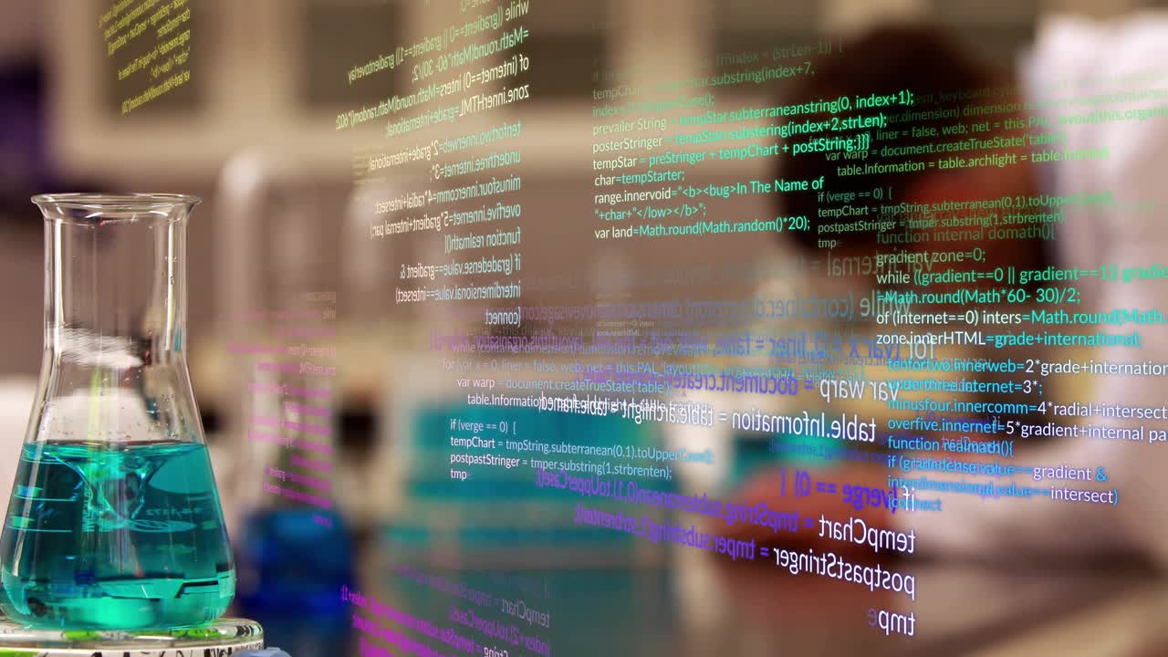 Vertical video: Data overlay appearing, researcher leaning over lab bench and analyzing teal flask