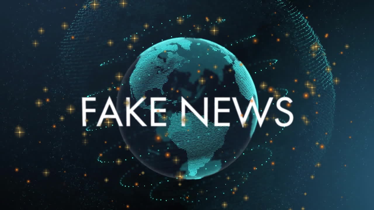 animación de texto de noticias falsas sobre un globo digital giratorio con partículas brillantes
