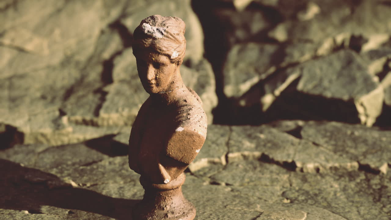 Bust of a classical figure on textured stone softly illuminated
