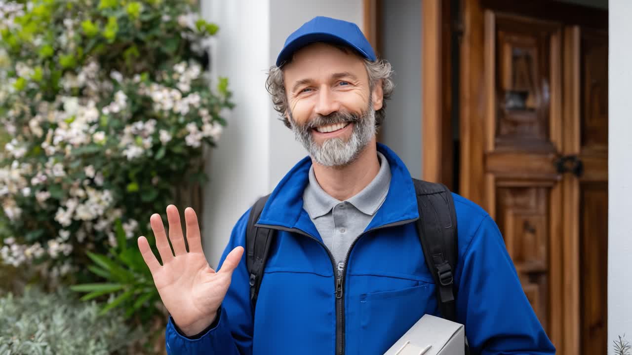 Cheerful Delivery Person Greeting at the Doorstep, Showcasing a Friendly Smile while Holding a Package and Waving Goodbye