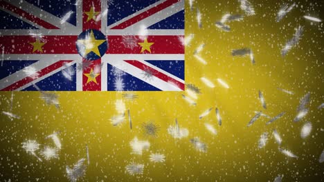niue flag falling snow loopable, new year and christmas background, loop